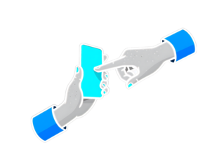 Two hands interacting with a bright blue smartphone isolated on a transparent background technology interaction