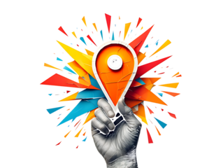 Hand holding location pin with colorful abstract explosion isolated on a transparent background image