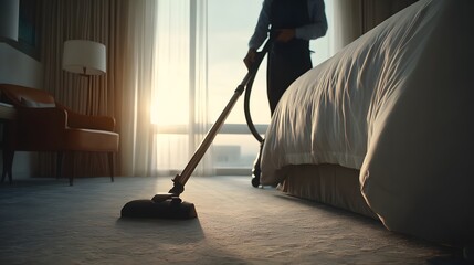 A Housekeeper Vacuuming a Hotel Room Carpet