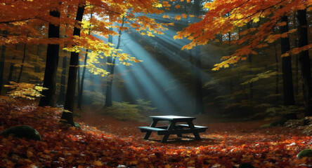 Serene autumn forest with golden sunbeams illuminating a solitary picnic table on a bed of colorful leaves.