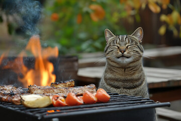 Generative AI image of a golden retriever and cat sitting near a flaming grill during an outdoor picnic, enjoying summer leisure together