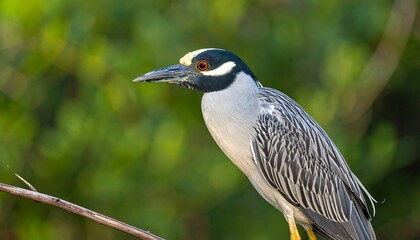 A side view of a beautiful, light gray heron, perched gracefully on a branch, features a striking contrast of white, black, and gray plumage against a blurred backdrop of vibrant green foliage.