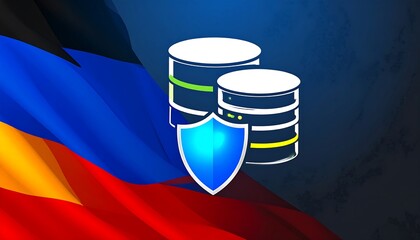 Data security is represented by a shield protecting digital storage on a background of the German flag.