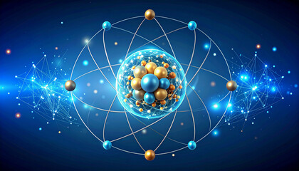 Artistic depiction of an atom's structure, showcasing particles and energy fields in a digital illustration.