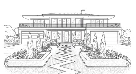 Modern House Sketch with Zigzag Path and Contemporary Landscaping