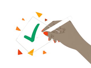 Hand marking a check on paper with a pen isolated on a transparent background checkmark