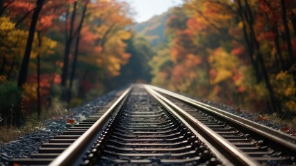 Obraz premium Converging Railway Tracks Through a Blazing Autumn Forest with Dreamy Bokeh