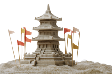 Sand sculpture of traditional pagoda with vibrant flags in a detailed artistic beach sand creation on transparent background