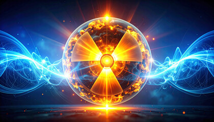 A vibrant digital illustration of a nuclear symbol surrounded by energy waves, representing atomic power.