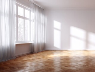 A room with a window and white curtains. The curtains are open and the room is empty. The floor is made of wood and the room is very clean
