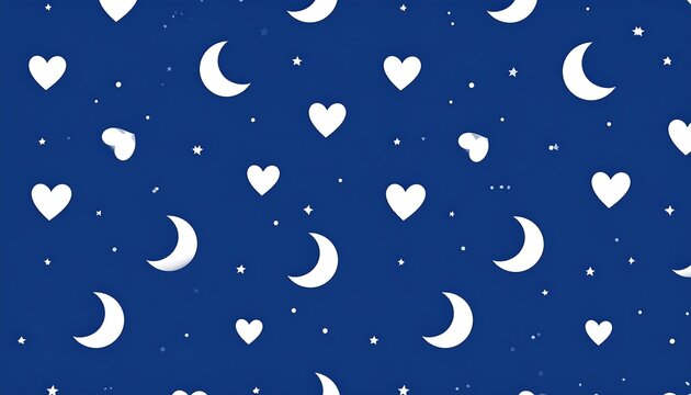 A repeating pattern of white hearts, crescent moons, and stars on a deep blue background creates a serene and calming design. - Powered by Adobe