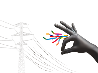 Hand holding colorful wires near power lines isolated on a transparent background fingers