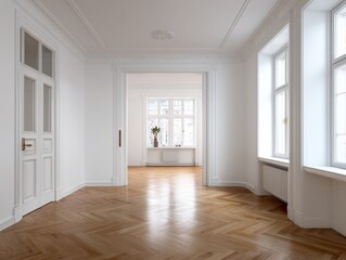 A large room with a white door and a window. The room is empty and has a wooden floor