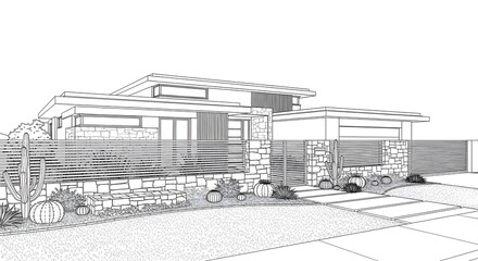 Modern House Design Blueprint with Desert Landscaping