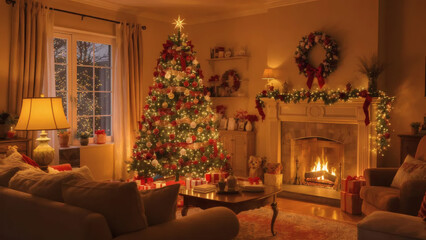 Festive home interior with a glowing Christmas tree and a cozy fireplace creating a warm and inviting holiday atmosphere.