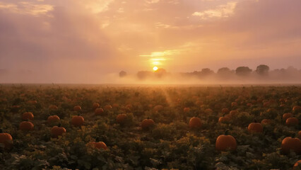 Golden sunrise breaking through the morning mist over a vast pumpkin patch, an atmospheric autumn scene.