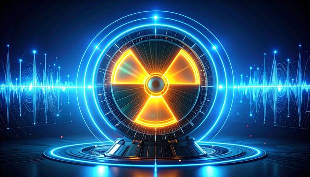 A vibrant digital illustration depicting a nuclear radiation symbol surrounded by glowing blue energy waves.