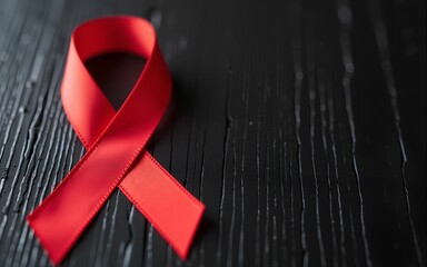 Closeup red ribbon awareness on black wooden table background for World Aids day campaign. High quality