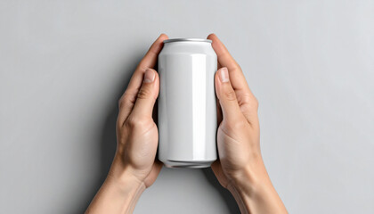 Close-up shot of hands holding a blank, silver aluminum beverage can on a gray background.