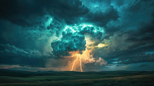 A dramatic, wide-angle scene of a powerful thunderbolt striking from a large, glowing green cloud in a dark, stormy sky. 