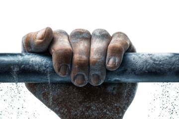 Powerful grip holding chalked bar in athletic strength training for optimal fitness and performance on transparent background