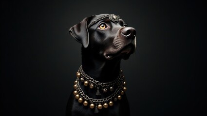 Elegant black dog wearing ornate jewelry against a dark background