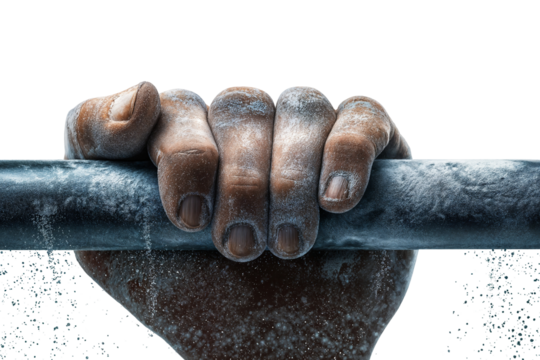 Powerful grip holding chalked bar in athletic strength training for optimal fitness and performance on transparent background