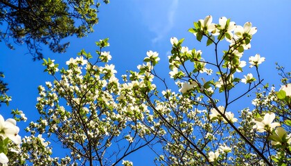 Dogwood blossoms against a clear blue sky showcasing the beauty of spring season