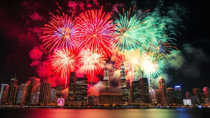 Spectacular fireworks display illuminating the night sky over a modern city skyline during a festive celebration.
