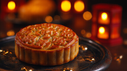 A glowing golden mooncake with intricate floral patterns, placed on a dark lacquered tray with soft candlelight.