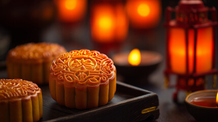 A glowing golden mooncake with intricate floral patterns, placed on a dark lacquered tray with soft candlelight.