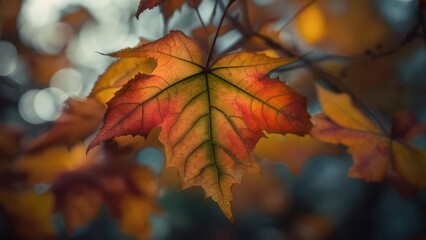 Vibrant Autumn Maple Leaf: Detailed Close-Up with Warm Colors