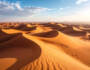 Breathtaking panoramic view of beautiful golden sand dunes in the vast Sahara desert at sunset.