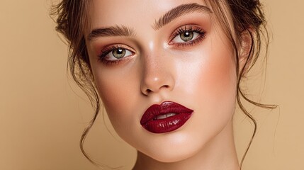 Fototapeta premium Elegant woman with perfect makeup and a bold red lip posing confidently in a beauty studio