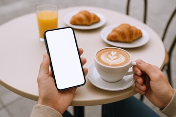 Mobile Phone Mockup: Person Using Smartphone at Cafe with Coffee and Croissants