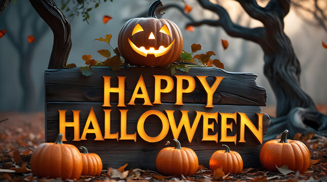 A bold pumpkin with a wide grin sits in front of a carved wooden sign reading “HAPPY HALLOWEEN,” framed by pumpkins and shadows, 4K and HD image