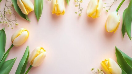 Elegant floral frame featuring blush pink tulips and delicate baby's breath on a soft pale yellow background.