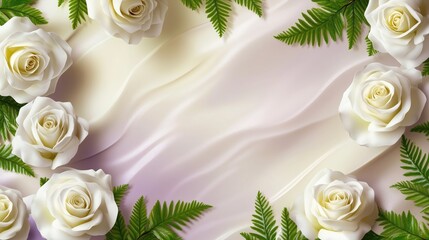 Elegant floral arrangement featuring white roses and green ferns on a soft ivory and lavender background
