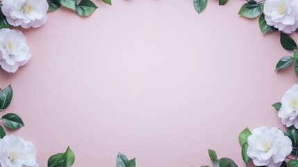 Elegant floral frame of white camellias and green leaves on a soft pink background for a delicate and graceful presentation