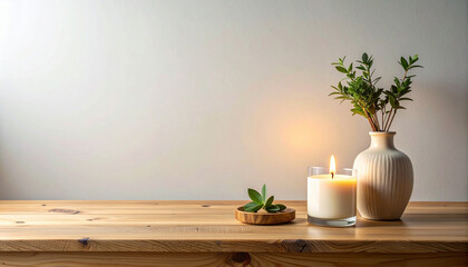 A close-up shot of a lit candle next to a vase with greenery on a wooden table.