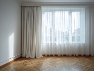 A room with a white curtain and a window. The curtain is white and the window is open, letting in a lot of natural light. The room is empty and has a wooden floor