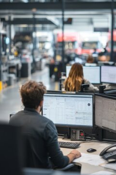 A transport logistics office with employees analyzing data An AI program is forecasting seasonal demand to optimize stock levels The mood, Generative AI 