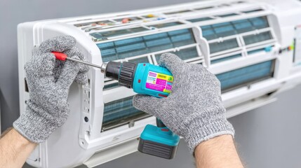 Air Conditioner Repair: Technician Fixing AC Unit with Power Drill for Maintenance