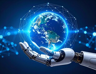 Futuristic Robot Hand Holding the Earth with Digital Network Overlay