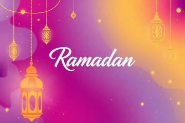 Naklejka premium Ramadan greeting with hanging lanterns and gradient background