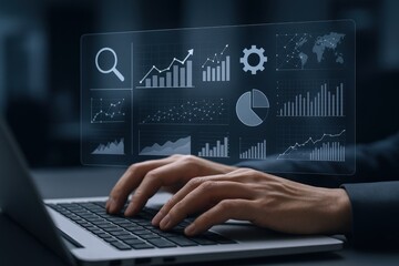 Data Analysis and Business Intelligence: Man Typing on Laptop with Digital Charts Overlay