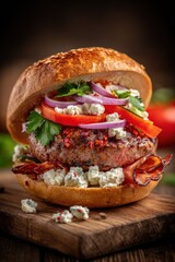 Gourmet Burger with Fresh Ingredients on a Wooden Board, Perfect for Restaurant Menus and Food Advertising