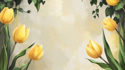 Floral Illustration with Yellow Tulips and Green Foliage on a Soft Beige Background