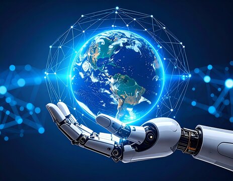 Futuristic Robot Hand Holding the Earth with Digital Network Overlay