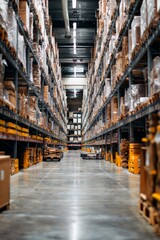 Fototapeta premium A warehouse aisle with stacked pallets and robots moving items An AI robot is organizing inventory based on demand forecasts The mood, Generative AI